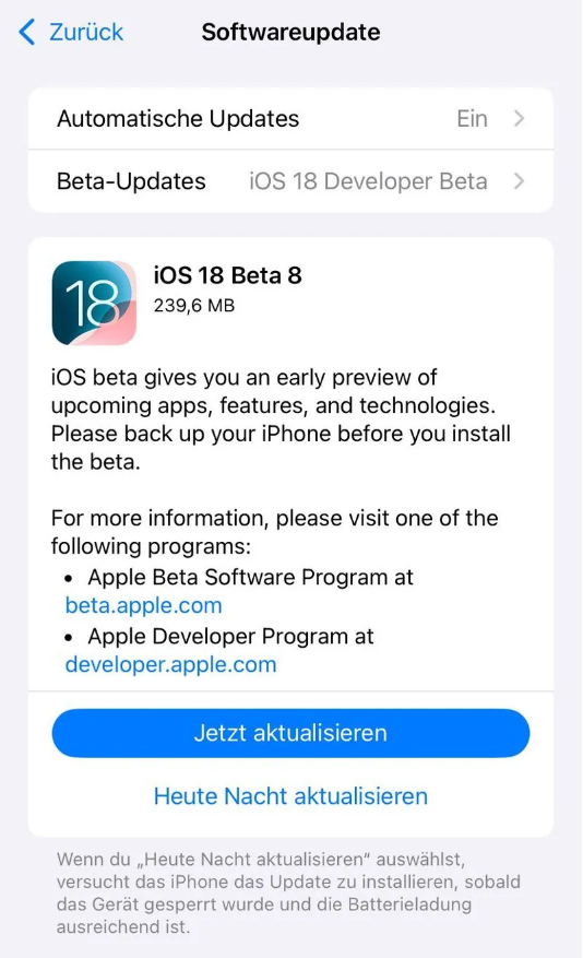 泗县苹果手机维修分享苹果 iOS / iPadOS 18 开发者预览版 Beta 8 发布 